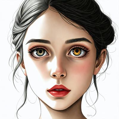 The primary subject of the image is a woman with long hair and a pink lipstick. She is looking at the camera with a smile. The setting is a white background, which provides a clean and minimalistic look. The visual style is a combination of digital art and illustration, creating a realistic and detailed representation of the woman. The colors and mood of the image are warm and inviting, with the pink lipstick and the woman's smile conveying a sense of happiness and positivity.